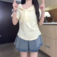 批发大码胖mm纯棉别致蝴蝶结显瘦遮肉短袖T恤女夏季甜美洋气减龄上衣