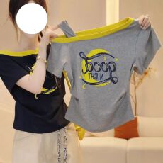 批发大码纯棉高级感假两件短袖t恤女士夏季胖MM遮肚收腰斜领露肩上衣