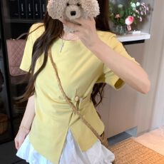 批发高品质 2026夏季新款纯棉韩版不规则遮肚显瘦开叉圆领短袖T恤上衣