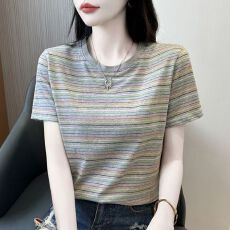 批发网红爆款纯棉圆领条纹短袖<b class='q'>T</b><b class='q'>恤</b>夏季2026显瘦女<b class='q'>妈妈</b>上衣宽松大码潮