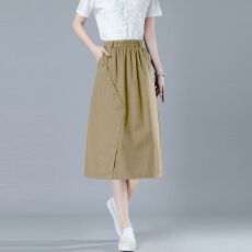 批发棉麻休闲半身裙女夏季薄款松紧腰宽松显瘦中长裙气质<b class='q'>百搭</b>A字伞裙