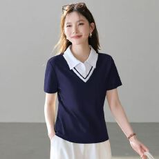 批发纯棉大码2026夏季新款洋气休闲POLO领短袖<b class='q'>T</b><b class='q'>恤</b>女韩版假两件上衣潮