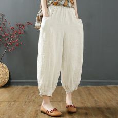 批发复古棉麻灯笼裤女装夏季新款九分裤文艺休闲宽松束脚百搭<b class='q'>哈伦裤</b>子