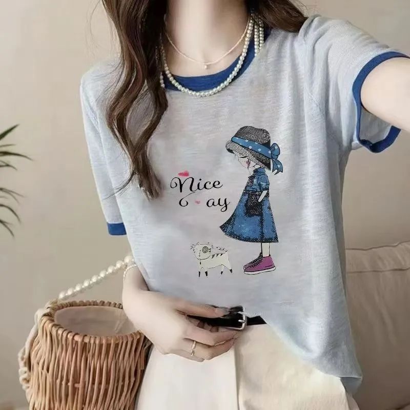 RY6508# 高质量2026新韩版竹节棉印花大码女装胖MM圆领撞色百搭短...