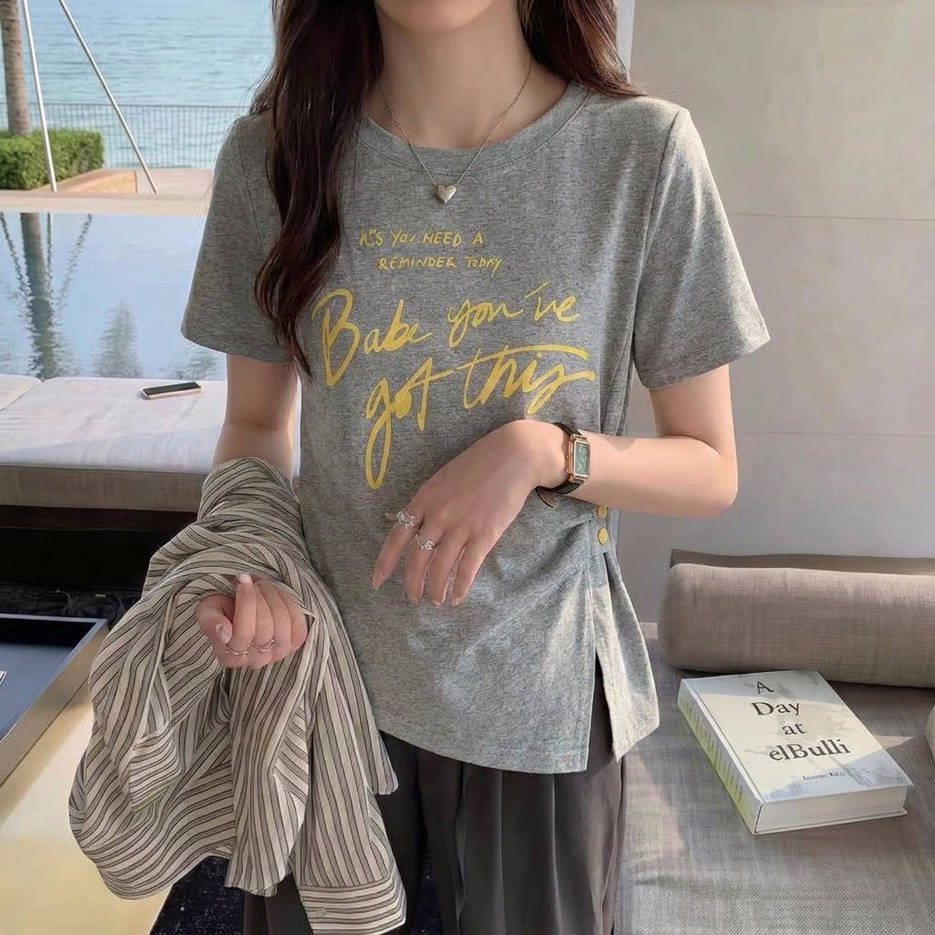 RY6503# 后包领 夏季新款胖mm大码韩版字母印花收腰不规则捏褶短袖T...