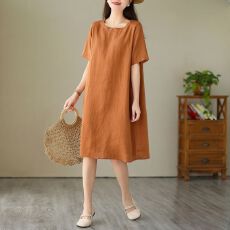 复古棉麻短袖连衣裙夏季款简约纯色宽松大码遮肚子圆领中长款裙子