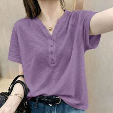批发<b class='q'>胖</b><b class='q'>mm</b>大码女韩版竹节棉宽松V领短袖T恤夏季新款纯棉透气休闲上衣潮