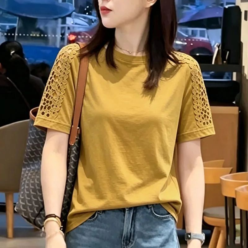 BY27804# 大码时尚镂空花边拼接纯棉短袖T恤女夏季宽松洋气圆领半袖女上衣  服裝批發女裝批發服飾貨源