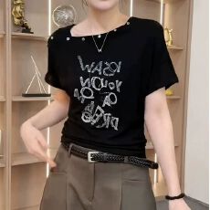 批发纯棉+后包领斜肩字母印花短袖<b class='q'>上衣</b>夏季薄款洋气减龄百搭显瘦T恤女