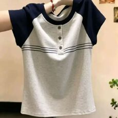 批发夏季新款韩系圆领撞色拼接<b class='q'>上衣</b>纯棉时尚百搭修身短袖T恤女<b class='q'>大码</b>
