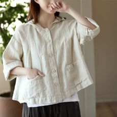 批发2026新款复古棉麻开衫女宽松春夏薄款休闲连帽长袖外搭防晒<b class='q'>短外套</b>
