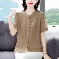 批发官图棉麻短袖衬衫女士2026新款妈妈夏装衬衣妈妈洋气小衫亚麻上衣