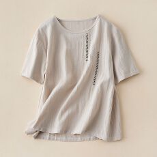 批发文艺复古短袖女刺绣棉麻圆领夏季新款宽松<b class='q'>大码</b>百搭T恤套头上衣女