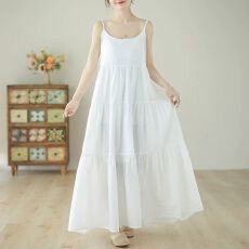 批发棉麻白色吊带连衣裙女夏季新款宽松显瘦森系无袖内搭<b class='q'>背心</b>蛋糕<b class='q'>长裙</b>