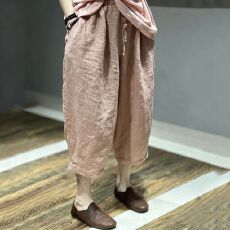 批发2026夏季新款纯色棉麻松紧<b class='q'>七分裤</b>宽松复古休闲休闲裤<b class='q'>哈伦</b>裤女大码