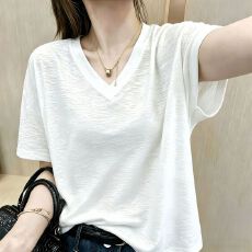 批发竹节棉纯棉大码V领短袖<b class='q'>t</b><b class='q'>恤</b>女2026韩版上衣微胖宽松减龄气质穿搭潮