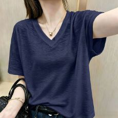 批发竹节棉纯棉大码V领短袖<b class='q'>t</b><b class='q'>恤</b>女2026韩版上衣微胖宽松减龄气质穿搭潮