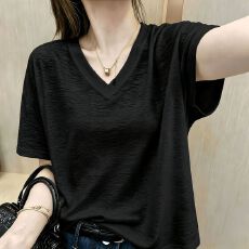 批发竹节棉纯棉大码V领短袖<b class='q'>t</b><b class='q'>恤</b>女2026韩版上衣微胖宽松减龄气质穿搭潮