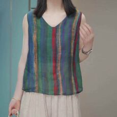 批发棉麻复古撞色设计感无袖背心女夏季大码洋气时尚圆领百搭小衫上衣