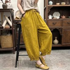 批发复古棉麻裤子女<b class='q'>大码</b>慵懒风松紧腰灯笼裤夏宽松网红休闲九分花边裤