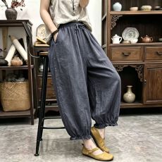 批发复古棉麻裤子女<b class='q'>大码</b>慵懒风松紧腰灯笼裤夏宽松网红休闲九分花边裤