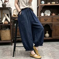 批发复古棉麻裤子女<b class='q'>大码</b>慵懒风松紧腰灯笼裤夏宽松网红休闲九分花边裤