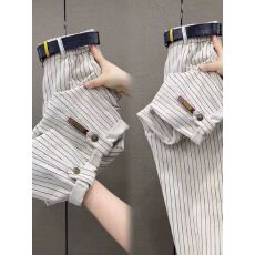 批发<b class='q'>大码</b>女条纹弹力老爹裤女秋冬爆款韩版休闲时尚百搭弯刀九分<b class='q'>哈伦裤</b>