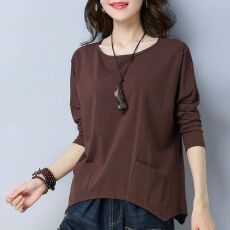 批发洋气长袖t恤女秋季新款大码<b class='q'>韩版</b>宽松休闲蝙蝠袖口袋上衣打底小衫