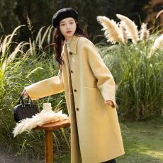 批发爆款黄色娃娃领毛呢大衣女2026秋冬<b class='q'>新款</b>大码韩版加厚中长款呢外套