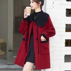 批发娃娃领毛呢大衣2026秋冬<b class='q'>新款</b>时尚爆款拼色百搭双排扣加厚毛呢外套