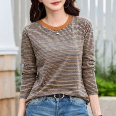 批发后包纯棉爆款韩版高级感条纹正肩长袖T恤女2026秋季新款打底上衣