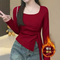 批发徳绒新款设计长袖开叉收腰绑带显瘦上衣女韩系修身不规则打底T恤
