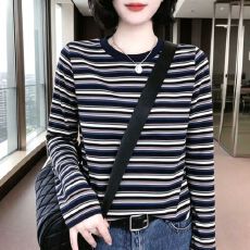 批发纯棉爆款2026新款秋季韩版正肩长袖t恤女修身显瘦ins条纹撞色打底