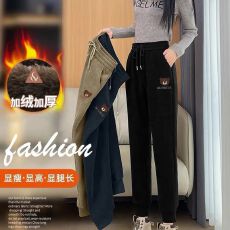 批发加绒/不加绒 高腰休闲<b class='q'>哈伦裤</b>宽松显瘦松紧腰束脚小熊刺绣运动裤子