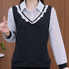 批发<b class='q'>韩版</b>假两件拼接遮肚上衣秋季新款显瘦百搭时尚妈妈款女装长袖<b class='q'>衬衫</b>