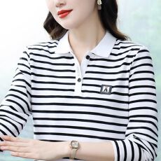 批发精梳棉95氨纶5 女士大码条纹长袖<b class='q'>t</b><b class='q'>恤</b>女春秋新款妈妈显瘦polo衫