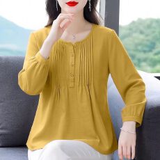 批发黄色棉麻上衣女秋款风琴褶设计宽松显瘦妈妈装气质百搭<b class='q'>长袖</b><b class='q'>小衫</b>