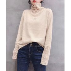 批发包芯纱秋冬高领针织衫百搭修身显瘦长袖毛衣蕾丝拼接<b class='q'>打底衫</b>女上衣