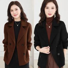 批发龙凤呢小个子<b class='q'>休闲</b>毛呢外套秋冬新款西装领双排扣妈妈气质呢子大衣