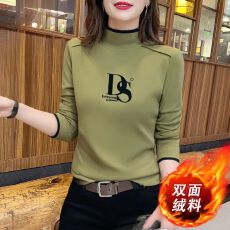 批发秋冬半高领澳绒打底衫女加厚字母印花撞色长袖T修身保暖内搭上衣