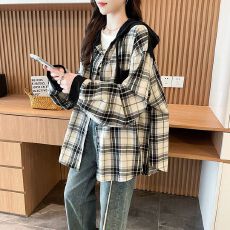 批发实拍原布文艺格子后包领连帽上衣薄款秋季拼接复古衬衫中长款<b class='q'>外套</b>