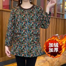 批发秋冬新款加绒加厚碎花圆领中长款大版<b class='q'>妈妈装</b>上衣女士<b class='q'>中老年</b><b class='q'>妈妈装</b>