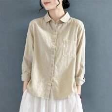 批发棉麻长袖衬衫春秋新款宽松百搭文艺简约<b class='q'>中年</b>妈妈女装开衫反领上衣