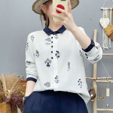批发双层棉纱长袖衬衫女森系<b class='q'>文艺</b><b class='q'>范</b>印花柔软亲肤透气纯棉漂亮别致上衣