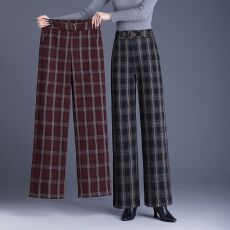 批发毛呢格子裤女2026新款秋冬妈妈裤子高腰直筒阔腿宽松休闲显瘦长裤