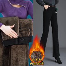 批发加绒女士中年妈妈裤冬季高腰显瘦时尚长毛绒加厚雪尼尔喇叭休闲裤