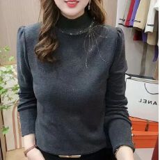 批发秋冬新款德绒半高领钻饰蝴蝶结<b class='q'>泡泡袖</b>长袖保暖打底显瘦<b class='q'>上衣</b>女大码
