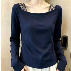 批发一字肩编织t恤女秋季正肩修身独特漂亮巨好看内搭长袖上衣打底衫