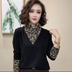 批发豹纹拼接休闲卫衣女V领撞色洋气减龄长袖小衫时尚显瘦修身打底衫