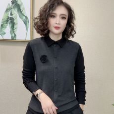 批发新款气质秋冬上衣女撞色拼接百搭德绒保暖翻领假两件玫瑰纽扣T恤